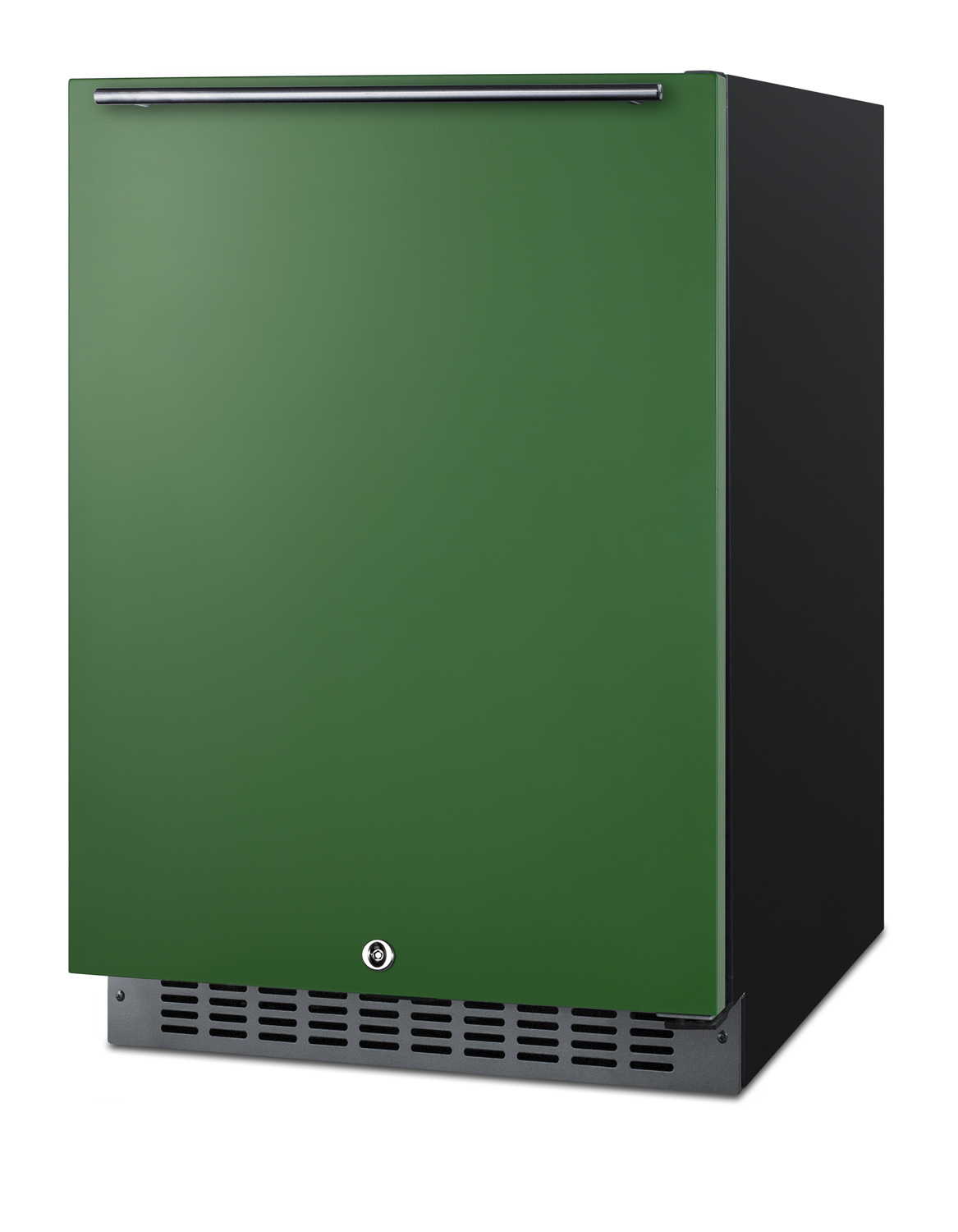 24 in. wide built-in undercounter ADA compliant all-refrigerator with emerald green door, stainless steel handle and kickplate, and black cabinet